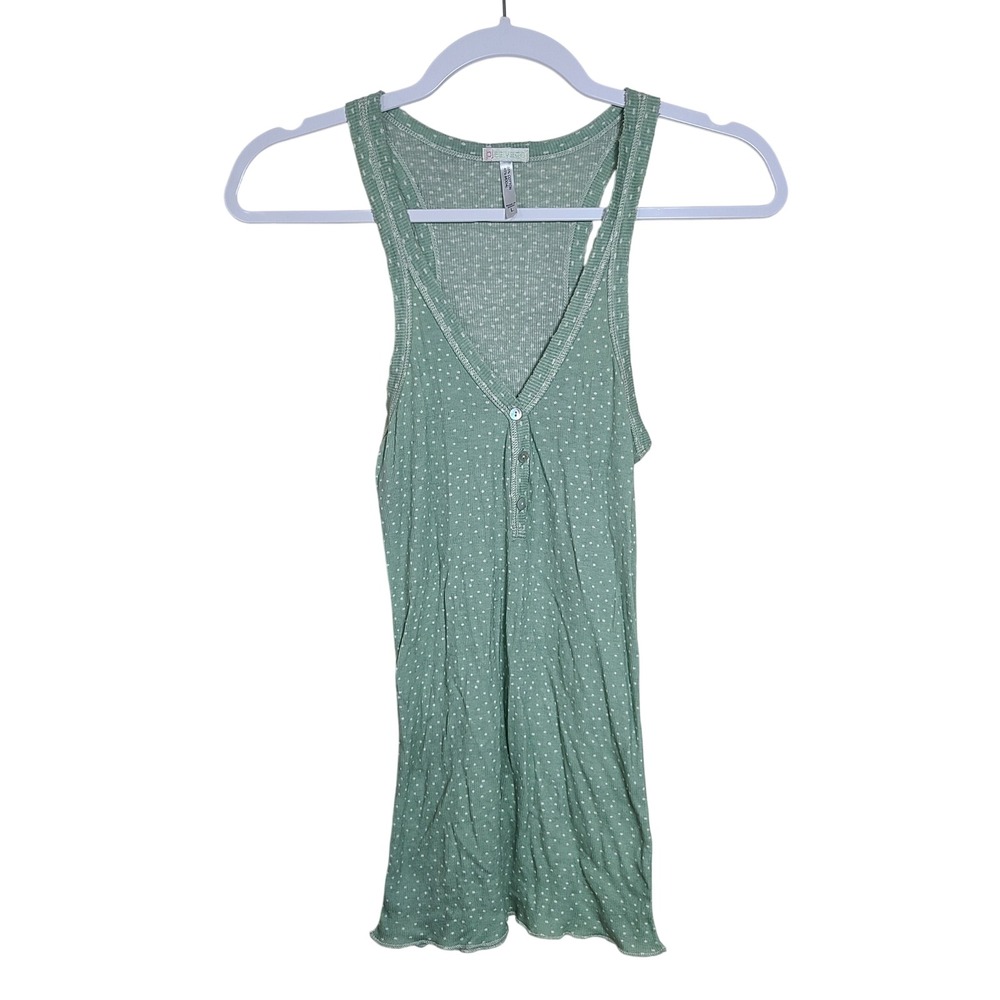 Mint Green Polka Dot Ribbed Henley Stretch Tank L Fairy Whimsy Twee‎ Y2K Dainty